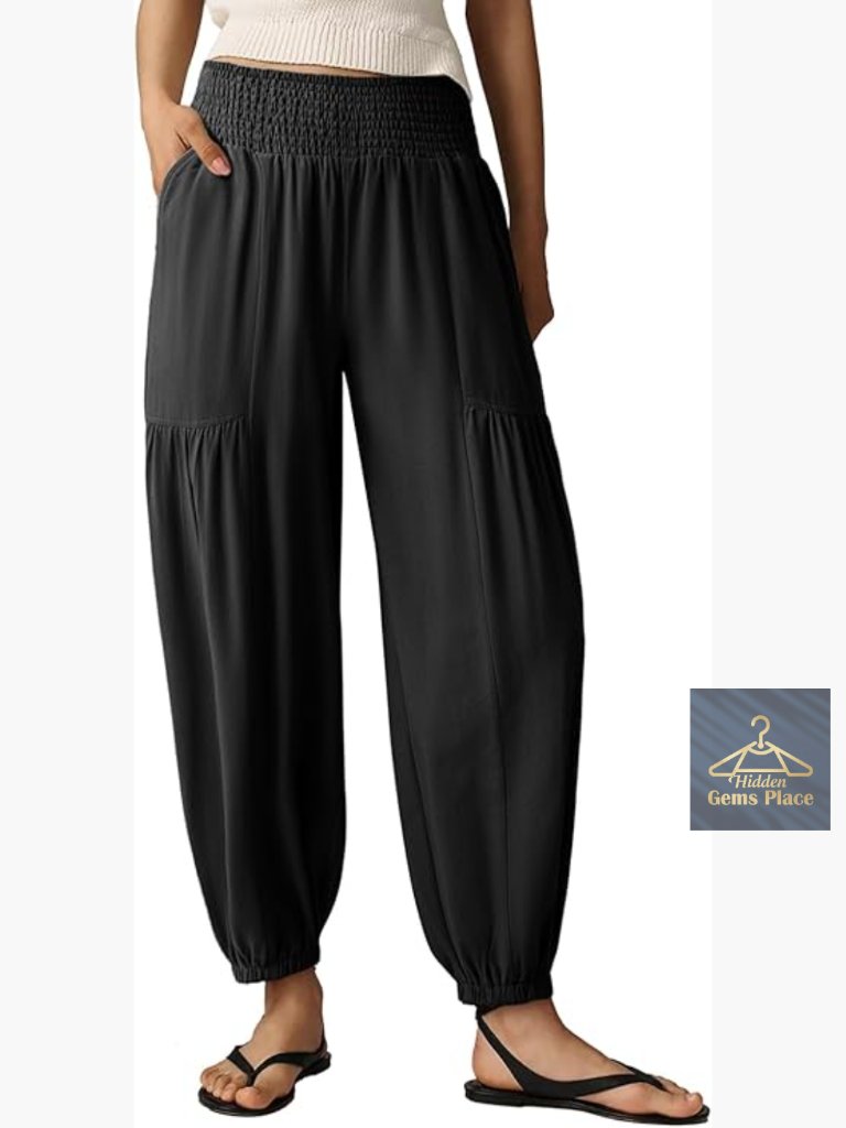 Smocked High Waisted Wide Leg Pants With Pockets Cotton Trousers